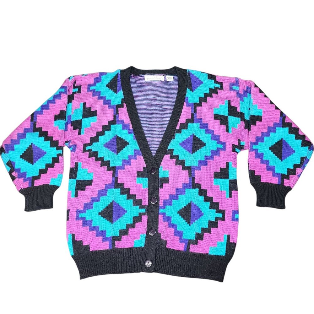 Vintage Gloria Vanderbilt Knit Cardigan Size Medium Aztec Pattern Long Sleeve